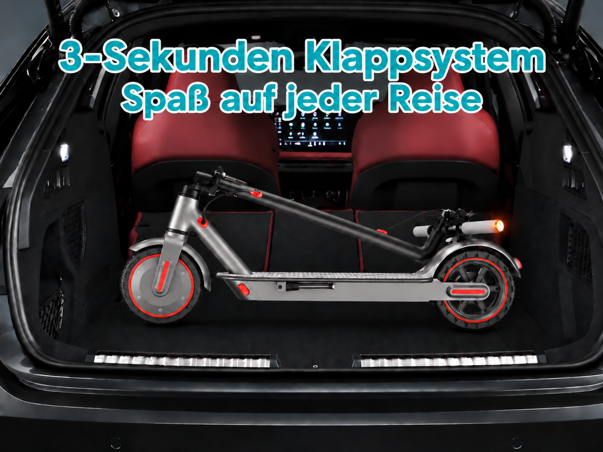 D8 PRO zusammengeklappt im Kofferraum eines Autos, Klappsystem in 3 Sekunden