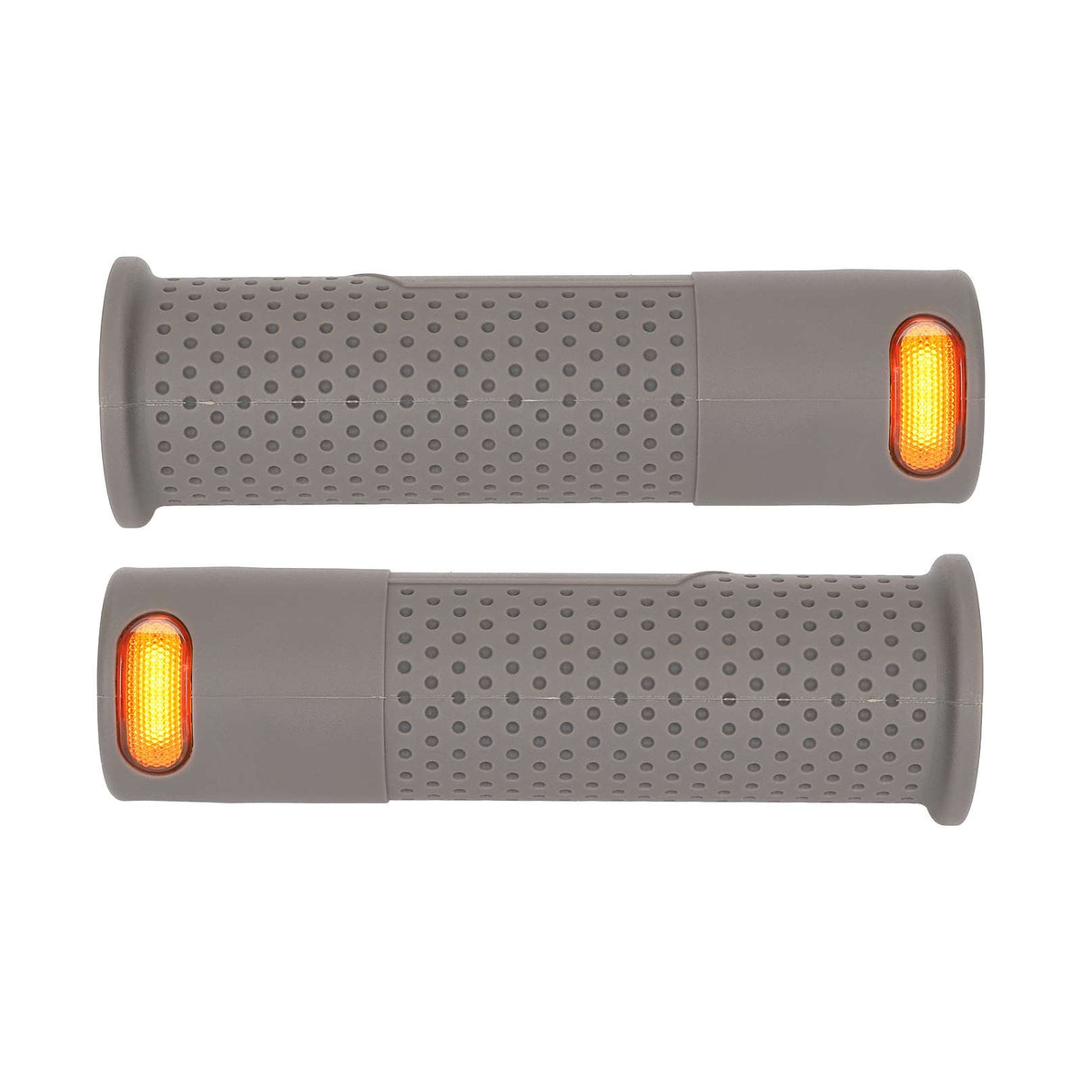 Zwei graue Lenkergriffe mit leuchtenden orangen LED-Blinkern