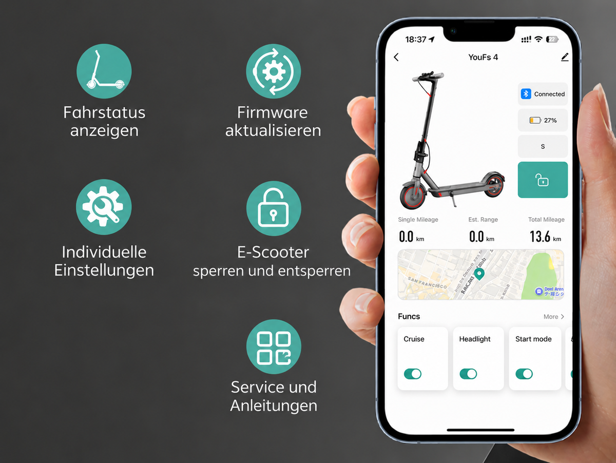 Funktionen der Smartphone-App: Fahrstatus, Firmware-Update, Einstellungen, Sperren und Entsperren