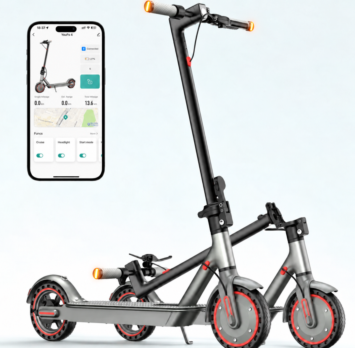AlpenScooter D8 PRO mit Smartphone-App, aufgeklappt und zusammengeklappt