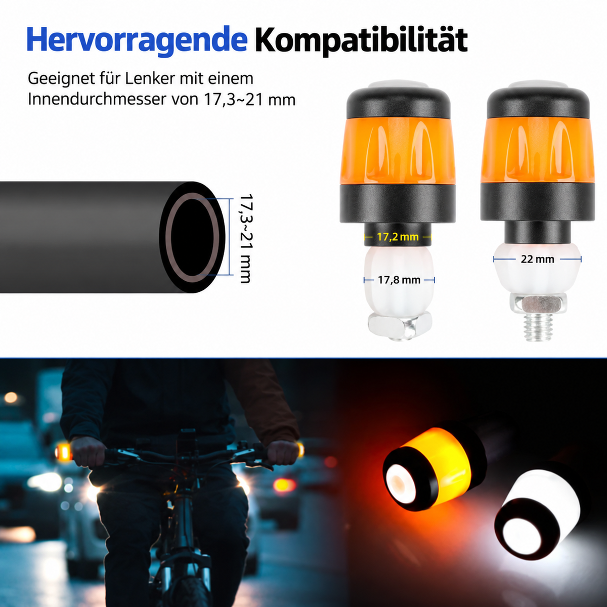 Lenkerenden-Blinker passend für verschiedene Lenkerdurchmesser, montiert und leuchtend bei Nacht