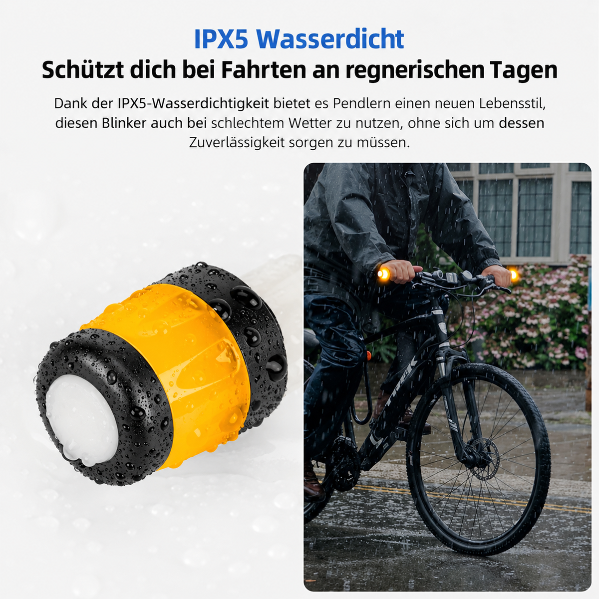 Lenkerenden-Blinker mit Wasserschutz nach IPX5, Radfahrer im Regen